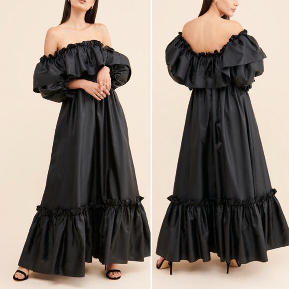 LoveShackFancy Tara Off-the-shoulder Ruffle-trim Taffeta Dress black size 2 - Picture 1 of 11